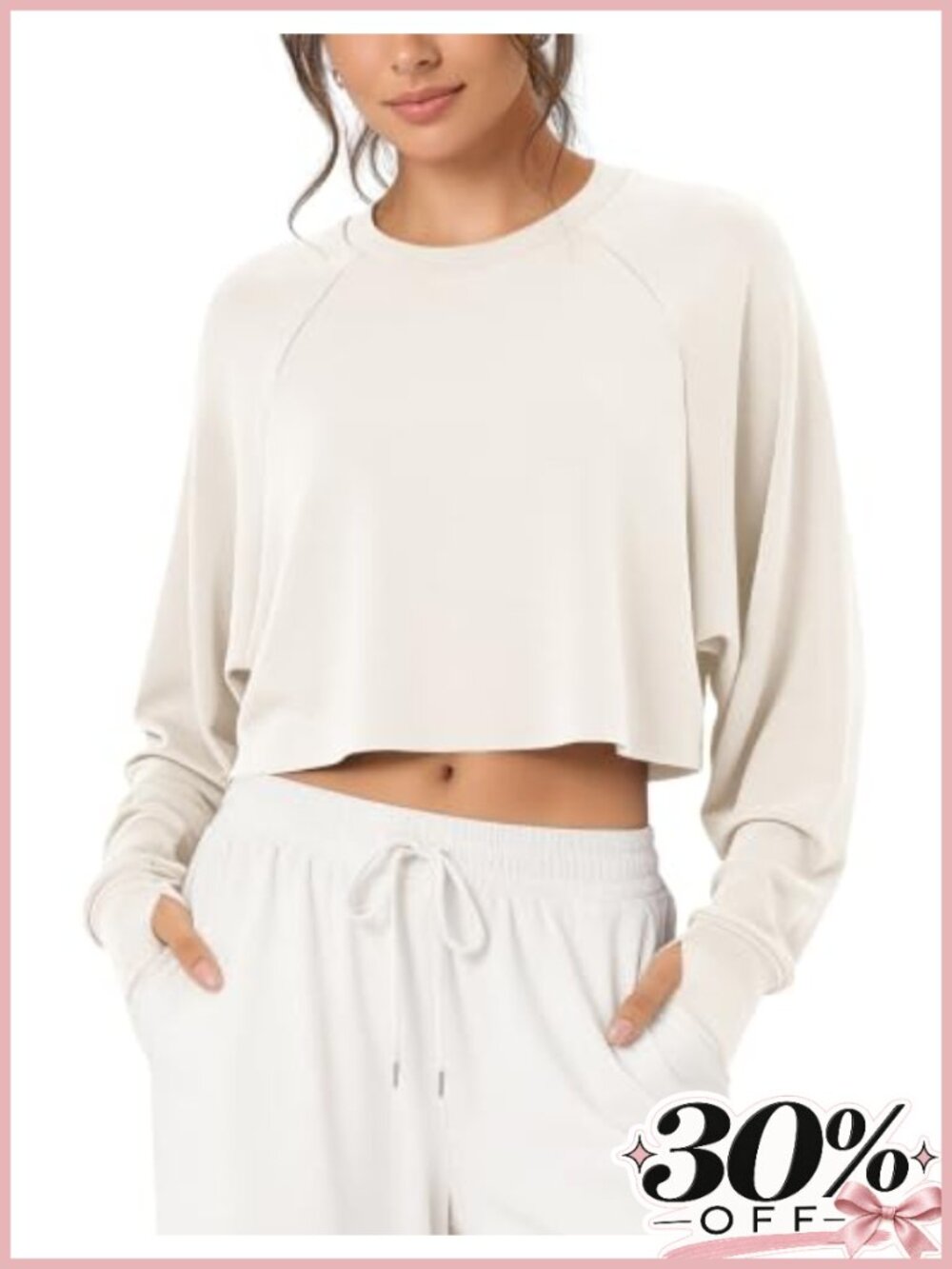 Modal Soft Long Sleeve Cropped Sweatshirt with Thumb Hole Crewneck Pullover